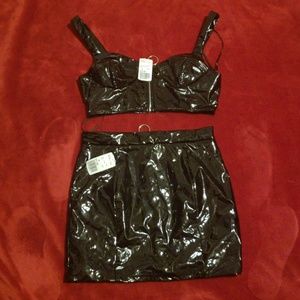 Faux patent leather skirt and top set